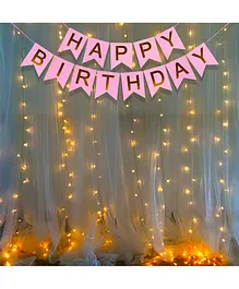 Party Propz Happy Birthday Banner With White Warm Led Light - Pink