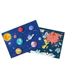 Fiddlys Wooden World Map & Solar System Jigsaw Puzzle Blue Pack of 2 - 40 Pieces Each