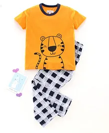 Nite Flite Half Sleeves Tiger Print Night Suit - Mustard & Navy Blue