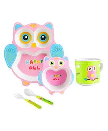 Earthism Eco Friendly Bamboo Fibre Kids Feeding Set Owl Design Pack of 5 - Pink Blue