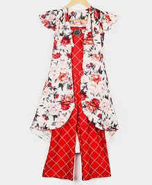 Peppermint Short Sleeves Flower Printed Shrug With Jumpsuit - Red
