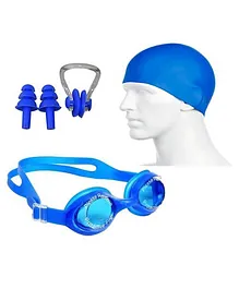 Hipkoo Swimming Goggles Cap Ear And Nose Plugs Swimming Kit - Blue