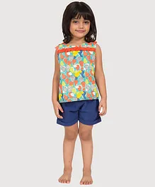 Ikeda Designs Sleeveless Pear Print Ruffled Top With Back Overlap - Multicolor