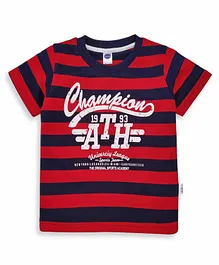 Teddy Half Sleeves Striped Tee Text Print - Red