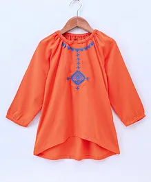 Tambourine Full Sleeves Flower Embroidery Kurti - Orange