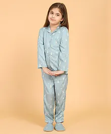 Piccolo Printed Full Sleeves Night Suit With Slippers - Grey