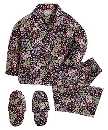 Piccolo Flower Printed Full Sleeves Night Suit With Slippers - Navy