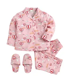 Piccolo Hot Air Balloon Printed Full Sleeves Night Suit With Slippers - Pink