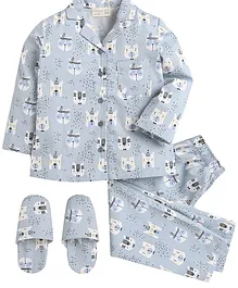 Piccolo Printed Full Sleeves Night Suit With Slippers - Grey