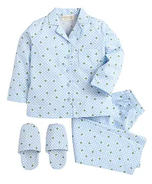 Piccolo Full Sleeves Avocado Print Night Suit With Slippers - Blue