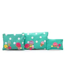 Happy Threads Cotton Pouch with Hand Made Animal Ice Cream Pack of 3 - Light Blue