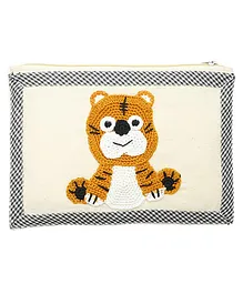 Happy Threads Cotton Pouch with Hand Made Tiger Crochet - White
