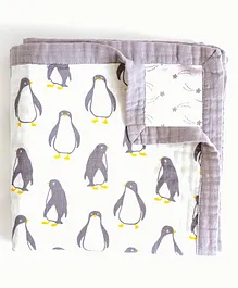 Elementary 100% Organic Muslin Cotton Reversible Baby Dohar Blanket Penguin Print - Grey & White