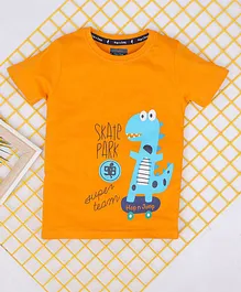 Hop n Jump Half Sleeves Dinosaur Print Tee - Mustard