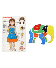 The Little Boo Wooden Knob and Peg Body Parts And Elephant Puzzle Multicolor Pack of 2 - 9, 12 Pieces