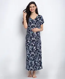 FASHIONABLY PREGNANT Maternity Short Sleeves All Over Printed Nighty - Blue