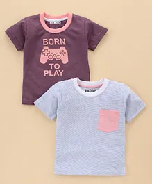 Rikidoos Born To Play Printed Half Sleeves Pack Of 2 Tee - Grey & Brown
