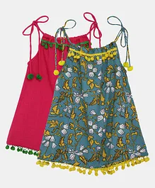BownBee Set of 2 Sleeveless Flower Print Tops  - Green Pink