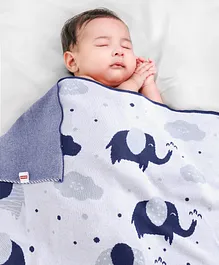 Babyhug Premium Knitted 100% Cotton All Season Blanket Polar Elephant Print - Blue White