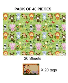 Party Anthem Jungle Animals Gift Wrapping Paper with Name Tags Green - Pack of 40