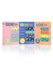 Ouchie Printed Bandages Pack of 3 Blue Orange Pink - 20 Bandages each