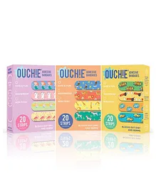 Ouchie Printed Bandages Pack of 3 Yellow Orange Purple - 20 Bandages each