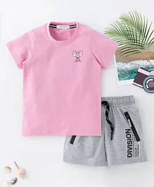 Flenza Half Sleeves Tee With Division Print Detailing Shorts - Pink & Grey