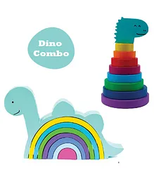  Little Jamun Wooden Dinosaur and Ring Stacking Toy Pack of 2 - 17 Pieces