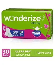 Wonderize Ultra Dry XL Sanitary Napkins - 30 Pads - With Advanced Bacterial Protection - Super Saver Pack