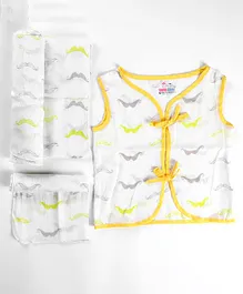 Young Birds Sleeveless Mustache Printed Jabla With Wrap & Handkerchief - White