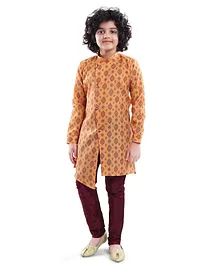 Nakshi By Yug Full Sleeves Block Print Kurta & Churidar - Orange