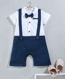 Mark & Mia Half Sleeves Romper with Bow & Suspenders - Blue White