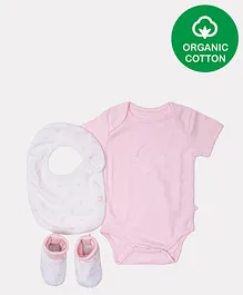 Nino Bambino Short Sleeves Solid Colour Organic Cotton Onesie With Bibs & Booties - Pink