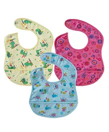 babywish Food Catcher Printed Bib Pack of 3 - Yellow, Pink, Blue