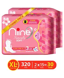 Niine Naturally Soft Ultra Thin Extra Large Sanitary Napkins Pack of 2 - 15 Pieces Each 