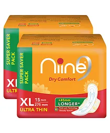 Niine Super Saver Ultra Thin Sanitary Napkins with Re-Sealable Packaging Extra Large Pack of 2 - 15 Pieces Each