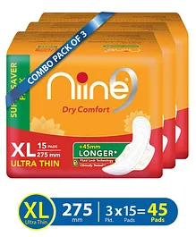 Niine Super Saver Ultra Thin Sanitary Napkins with Re-Sealable Packaging Extra Large Pack of 3 - 15 Pieces Each