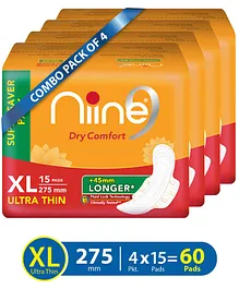 Niine Super Saver Ultra Thin Sanitary Napkins with Re-Sealable Packaging Extra Large Pack of 4 - 15 Pieces Each
