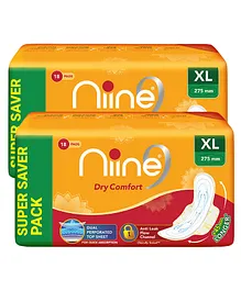 Niine Super Saver Pack Dry Comfort Sanitary Napkins Extra Long Pack of 2 - 18 Pieces Each