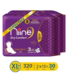 Niine Dry Comfort Ultra Thin Sanitary Napkin Extra Large Plus Pack of 2  - 15 Pieces Each