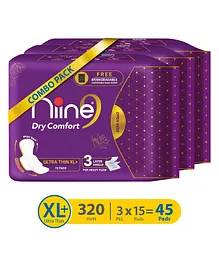 Niine Dry Comfort Ultra Thin Sanitary Napkin Extra Large Plus Pack of 3  - 15 Pieces Each