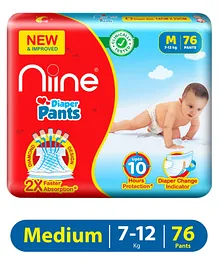Niine Cottony Soft Baby Diaper Pants with Diaper Change Indicator for Overnight Protection Mega Pack Medium Size  7-12 KG 76 Pants