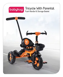 Babyhug Black Hawk Tricycle With Parental Push Handle & Storage Basket - Tiger Orange