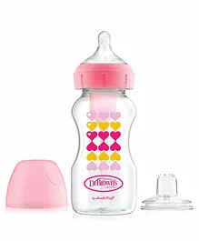 Dr Brown's Feeding Bottle with Sippy Spout and Silicone Teat Hear Print Pink - 270 ml