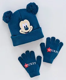 Babyhug Woollen Cap and Gloves Mickey Mouse Print - Blue
