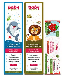 BabyOrgano Baby Bath Care & Oral Care Combo Pack of 3 - 200 ml Each & 50 gm