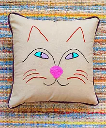 Rockfort Creations Square Cat Embroidered Cushion Cover - Beige