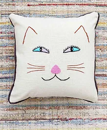 Rockfort Creations Square Cat Embroidered Cushion Cover - Off White