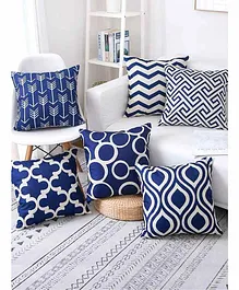Elementary Premium Cotton Geometric Theme Cushion Covers Pack of 6 - Blue & White