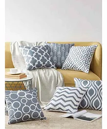 Elementary Premium Cotton Geometric Theme Cushion Covers Pack of 6 - Grey & White